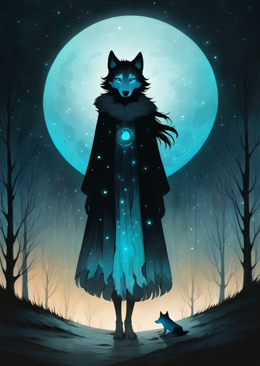 00781-858158928-gradient flat color (art by  Andy Kehoe,)__1girl , shadows _glowing particles _night MOON _translucent, cyan wolf spirits __.png